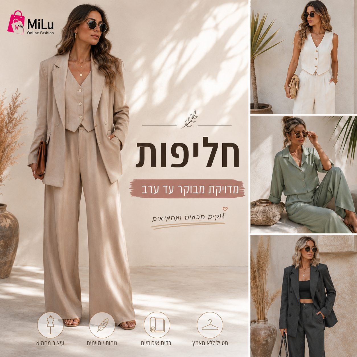 חליפות לנשים ב-Milu עם סטים אלגנטיים, חליפות קיץ ולוקים מחויטים ליום ולערב