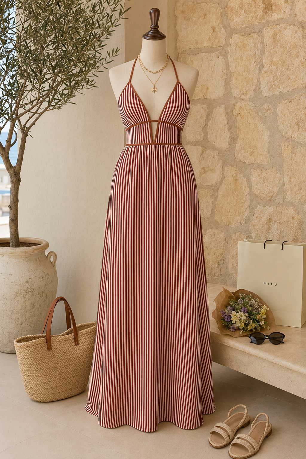 שמלת מקסי קיץ Riviera Stripe לנשים בעיצוב פסים, גב פתוח וגזרה נשפכת לחופשה, ים, אילת ויציאה קלילה