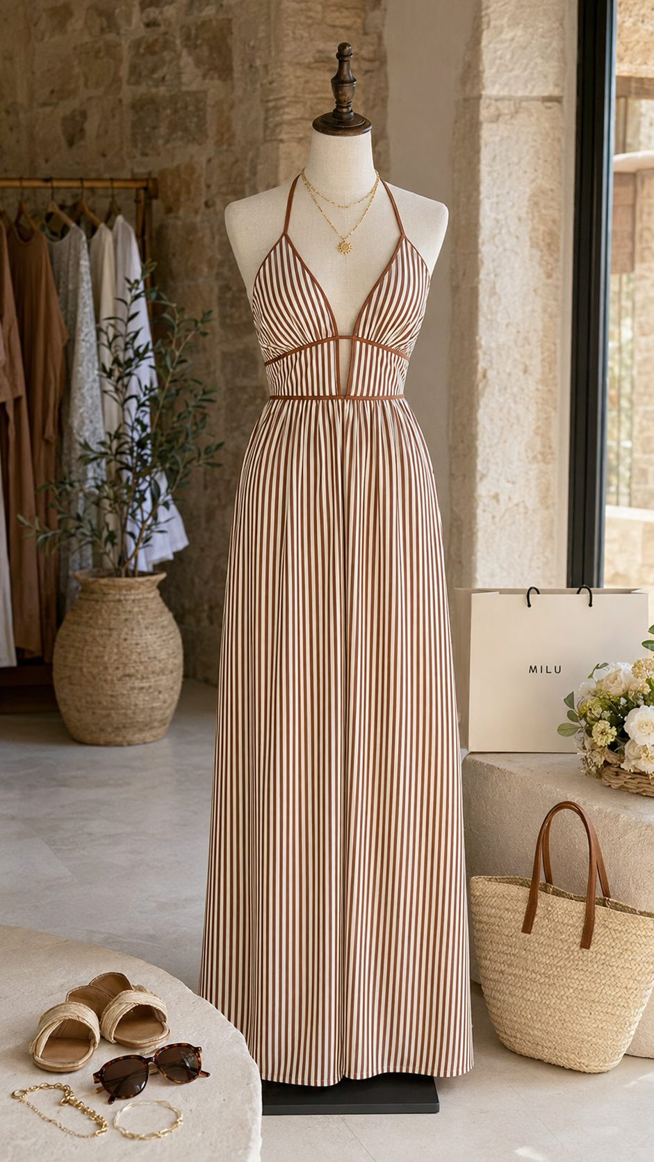 שמלת מקסי קיץ Riviera Stripe לנשים בעיצוב פסים, גב פתוח וגזרה נשפכת לחופשה, ים, אילת ויציאה קלילה