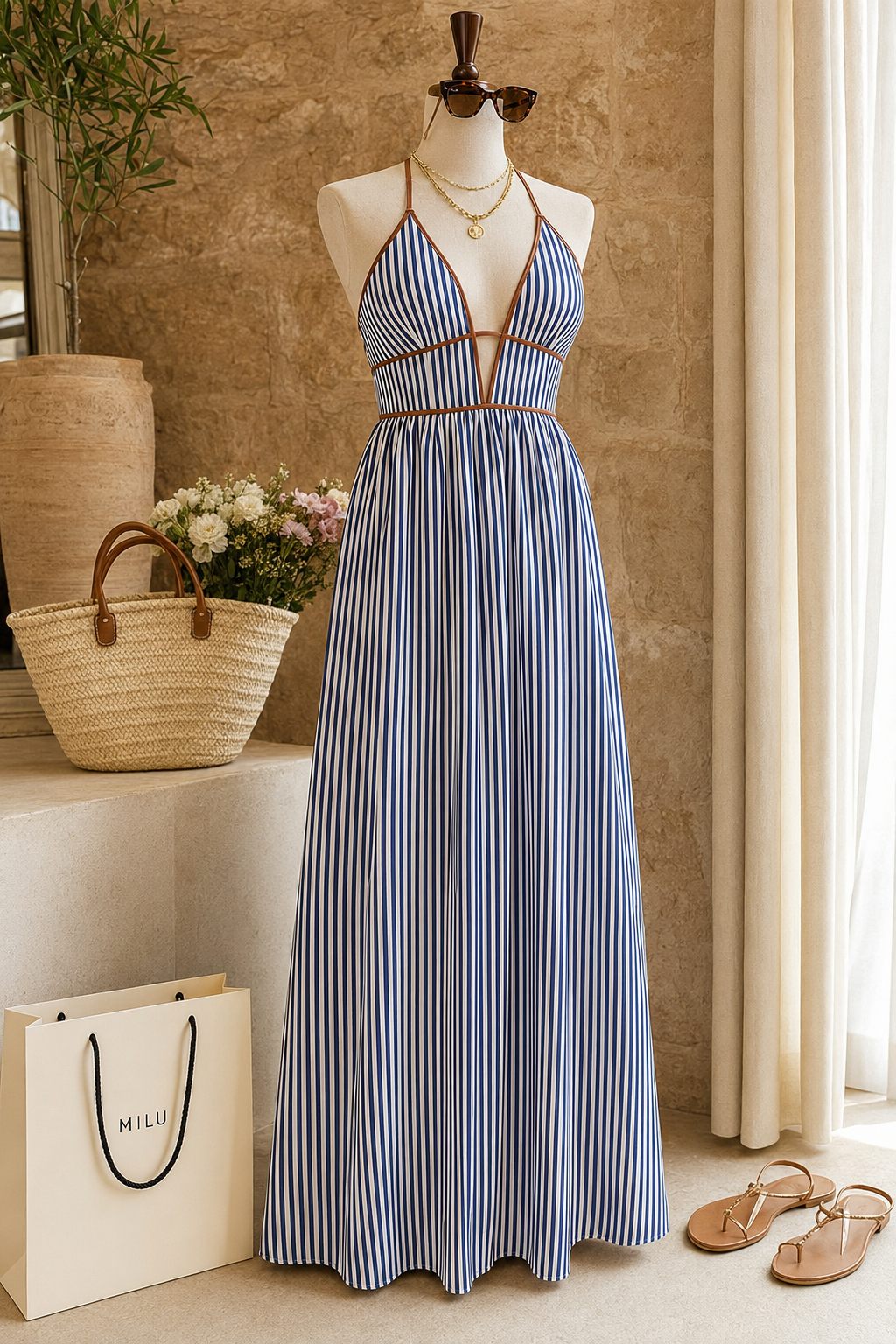 שמלת מקסי קיץ Riviera Stripe לנשים בעיצוב פסים, גב פתוח וגזרה נשפכת לחופשה, ים, אילת ויציאה קלילה