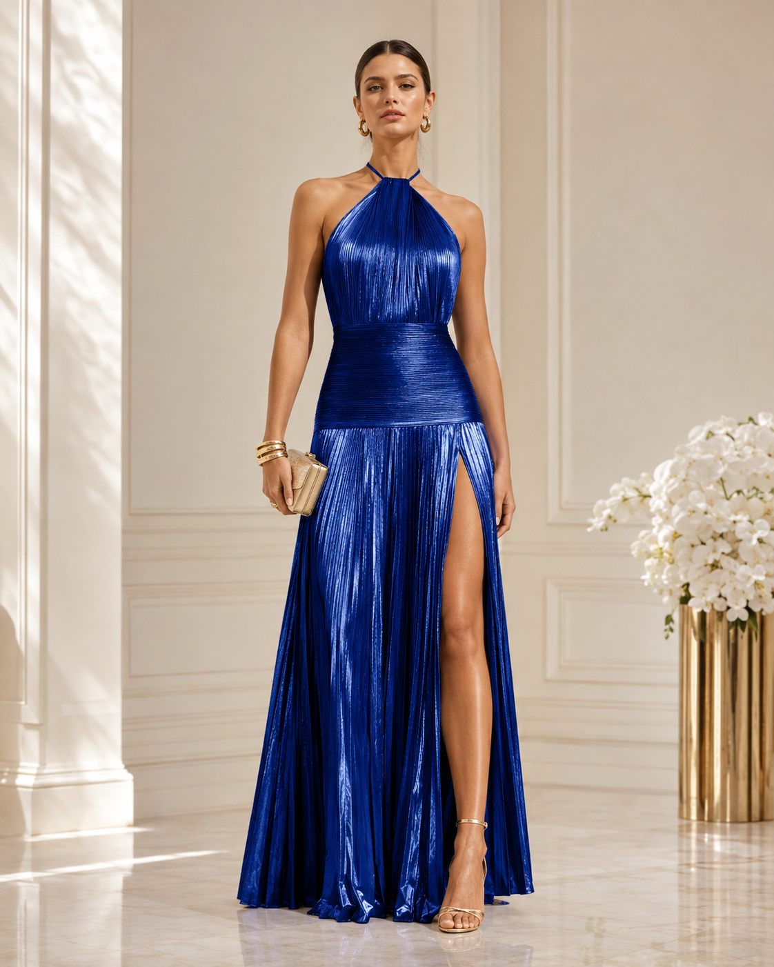Aurelia Luxe – שמלת ערב מטאלית מקסי עם צווארון קולר ושסע