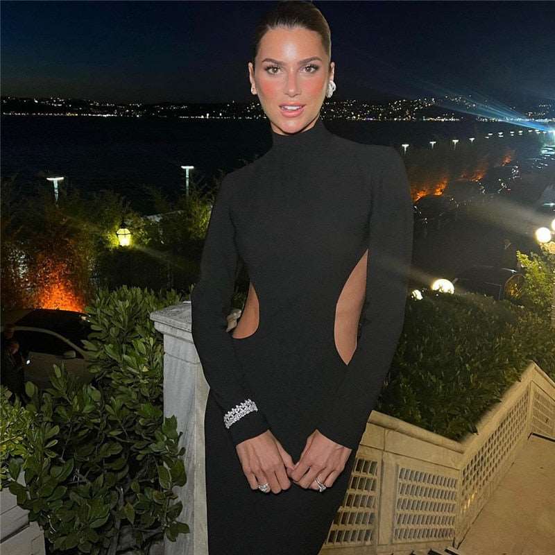 שמלת ערב שחורה לנשים עם שרוול ארוך