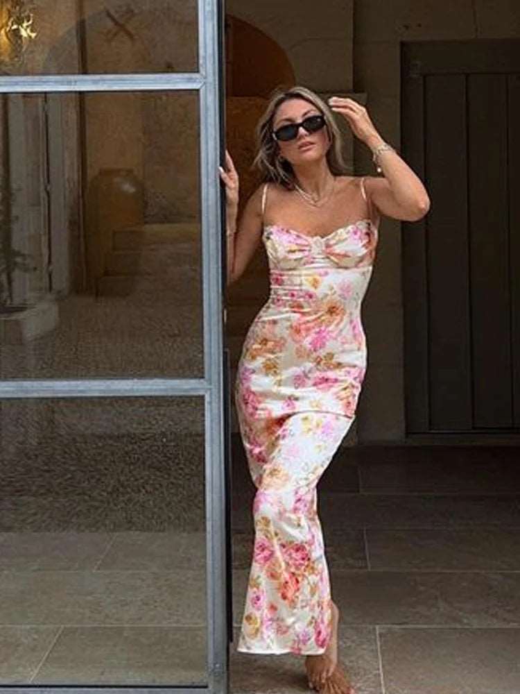 שמלת מקסי לנשים עם כתפיות דקות והדפס פרחים