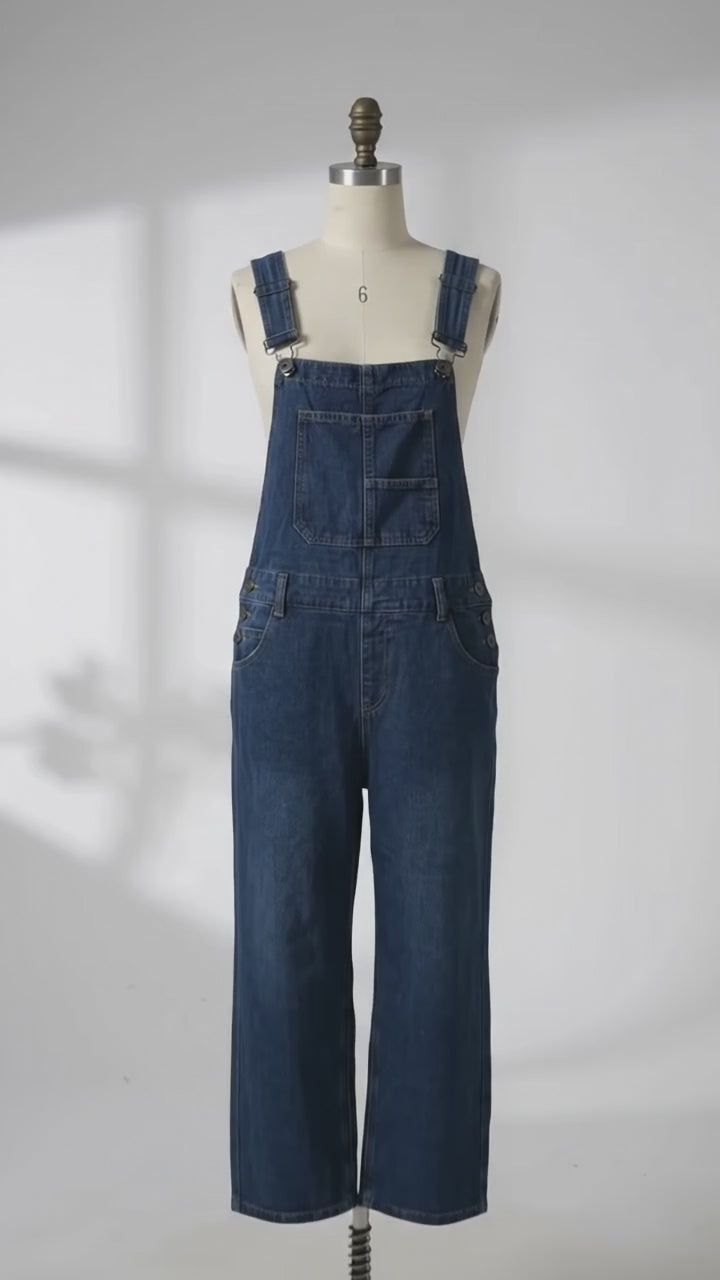 Denim Muse – אוברול ג׳ינס ארוך לנשים בגזרה נינוחה עם כיסים וכתפיות מתכווננות